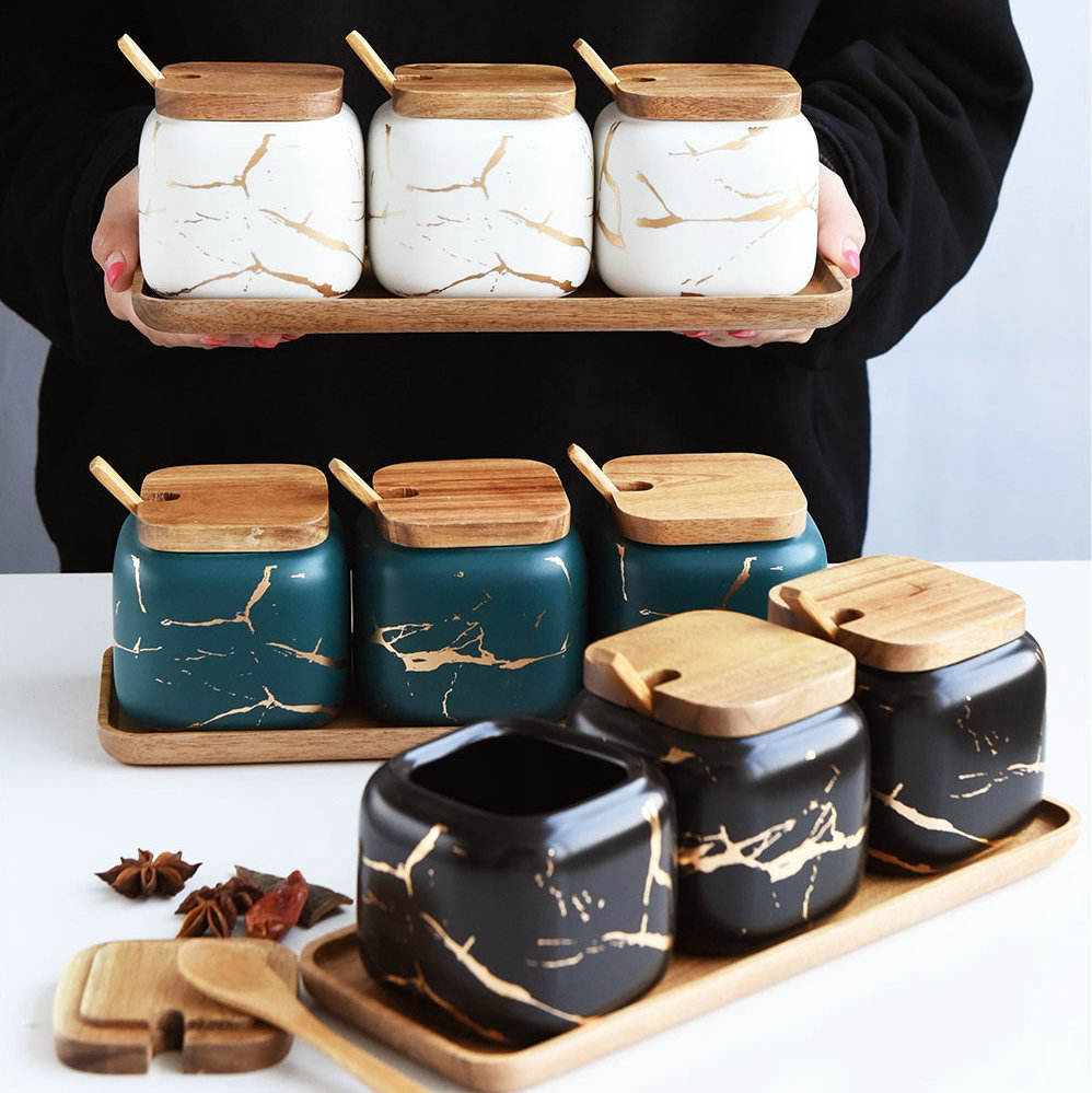 New Design Kitchen Luxury Marble Ceramic Salt Seasoning Spice Jar with  Bamboo Stand - Main Image