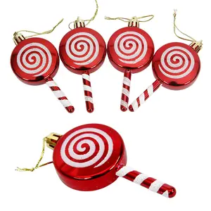 Liontin bola pohon permen Spiral lolipop Natal bergaris merah dan putih untuk dekorasi pesta terbuat dari plastik