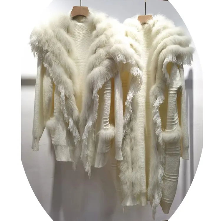 Womens clothing 2024 trending Custom short long Loose knitted tassels real fox fur sweater cardigan with fox fur