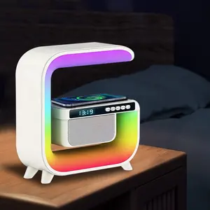 Chargeur rapide sans fil rechargeable par USB en forme de G avec haut-parleur/Lampe d'ambiance à LED RVB avec haut-parleur Bluetooth Horloge pour la maison