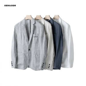 Hot New Men's <span class=keywords><strong>Casual</strong></span> Respirant Lin <span class=keywords><strong>Blazer</strong></span> Veste Lâche Bouton Unique Polaire Costume avec Fermeture À Glissière Plus La Taille pour L'été - Product Image 1