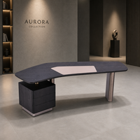 Bureau de direction moderne de luxe en placage de chêne blanc naturel, cuir microfibre, base gris titane