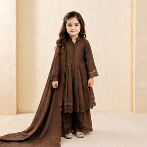 ชุดเดรส Anarkali สีน้ำตาลสำหรับเด็ก พร้อมลูกไม้ปักลายแบบอินเดีย-ปากีสถาน ชุดพื้นเมืองพร้อมผ้าคลุมไหล่ สำหรับงานปาร์ตี้ เด็กผู้หญิง lehen - Product Image 1