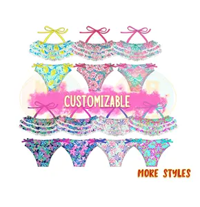 Summer Custom Baby Boutique Swimwear Child Print Beach Wear Toddler Girls Lace Ruffle Halterneck Swimsuit Kids Bikini Swimsuit