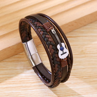 Nouveauté : Bracelet en cuir tressé pour homme avec fermoir magnétique en acier inoxydable, motif guitare et violon, bijoux pour homme