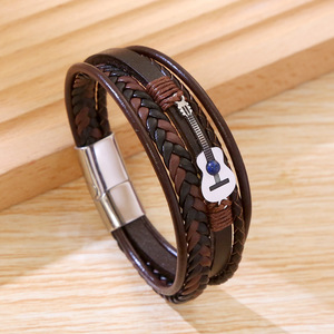 Nueva Llegada: Pulseras de Cuero <span class=keywords><strong>para</strong></span> Hombre con Diseño de Guitarra Musical, Hebilla Magnética de Acero Inoxidable, Pulsera de Cuero Trenzado <span class=keywords><strong>para</strong></span> Hombre, Joyería - Product Image 3