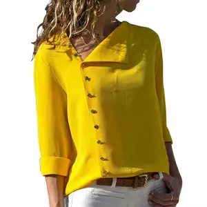 Moda outono Casual Manga Longa Mulheres Sexy Blusa Camisas Atacado Botão Primavera Chiffon Estilo Francês Retro Top Blusa Camisa