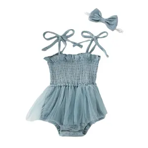 Sweet Girls Toddler Tutu Faldas Playsuits Bebé Verano Hombro Tie Smocked Muselina Ruffle Bodysuits Romper