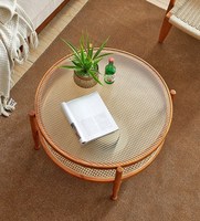 Nouvelle conception nordique moderne, meubles de salon, table basse ronde en verre avec cadre en bois massif et rotin
