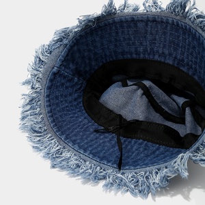 Fashion Trendy Raw Edge Fringe Brim Outdoor Street <strong>Denim</strong> Sun <strong>Hat</strong> Blank Faded Cotton Distressed Bucket <strong>Hat</strong> - Product Image 4