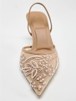 Sandales d'été à talons hauts pour femmes ZA, en dentelle brodée florale, à enfiler, bout pointu, talon fin, antidérapantes, avec accent perle, chaussures habillées