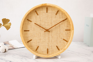 Nieuwe design houten wandklok zonder cijfers met rotan wijzerplaat voor Scandinavische woondecoratie - Product Image 3