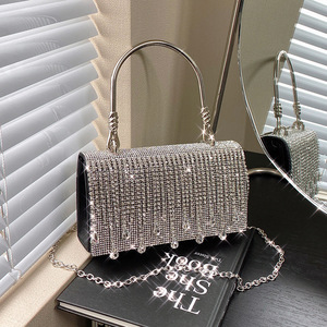 Tassel Shiny Metal Small <b>Square</b> Cover Closure Gold Mobile Phone Rhinestone Chain PU Crossbody Bag for Women Daily Use Tanjing - Product Image 2