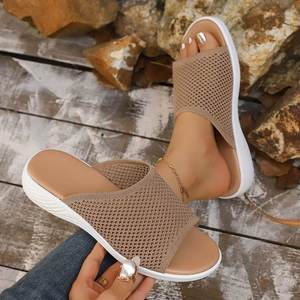 Sandales à enfiler pour femmes en maille tricotée respirante, à bout ouvert ajouré, à plateforme épaisse, décontractées d'été - Product Image 3