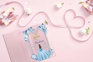 Quinceaneraの招待状ベビーブルードレスアクリルガラスの招待状、Mis Quince、Sweet 15、Sweet 16、フローラルデザイン - Product Image 3