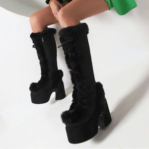 Large Size Fuzzy Botas Dama Women Knee High Platform Chunky Heel Winter Calf Wide Faux Fur <b>Boots</b> for Women - Product Image 2