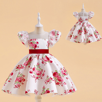 New Fashion Girls Sweet Short Sleeve Satin Fabric Frock Toddler Baby Floral Printed Casual Dress