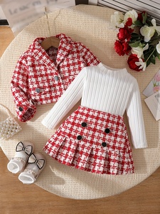 Ensemble de vêtements pour bébé <span class=keywords><strong>fille</strong></span>, <span class=keywords><strong>jupe</strong></span> à carreaux <span class=keywords><strong>rouge</strong></span> + chemise blanche pure + manteau à manches longues à col en V exquis - Product Image 1