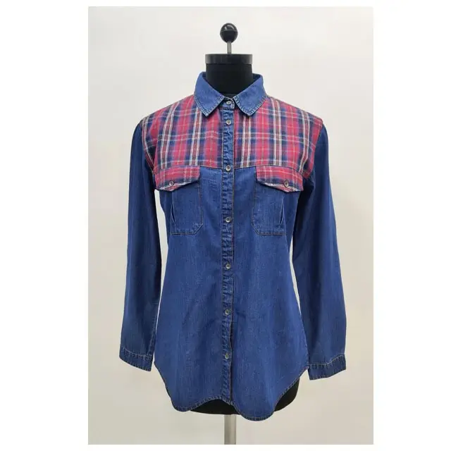 Robe chemise en jean bleu de luxe poches latérales manches longues boutons devant chemise en coton pour femmes100 % coton d'Inde