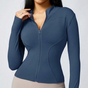 Chaqueta de Yoga Tiyo de Manga Larga con Cuello en V, Ajustada, de Secado Rápido, Spandex/Nylon, Elástica, Color Azul Oscuro, para Fitness, Running y Yoga - Product Image 1