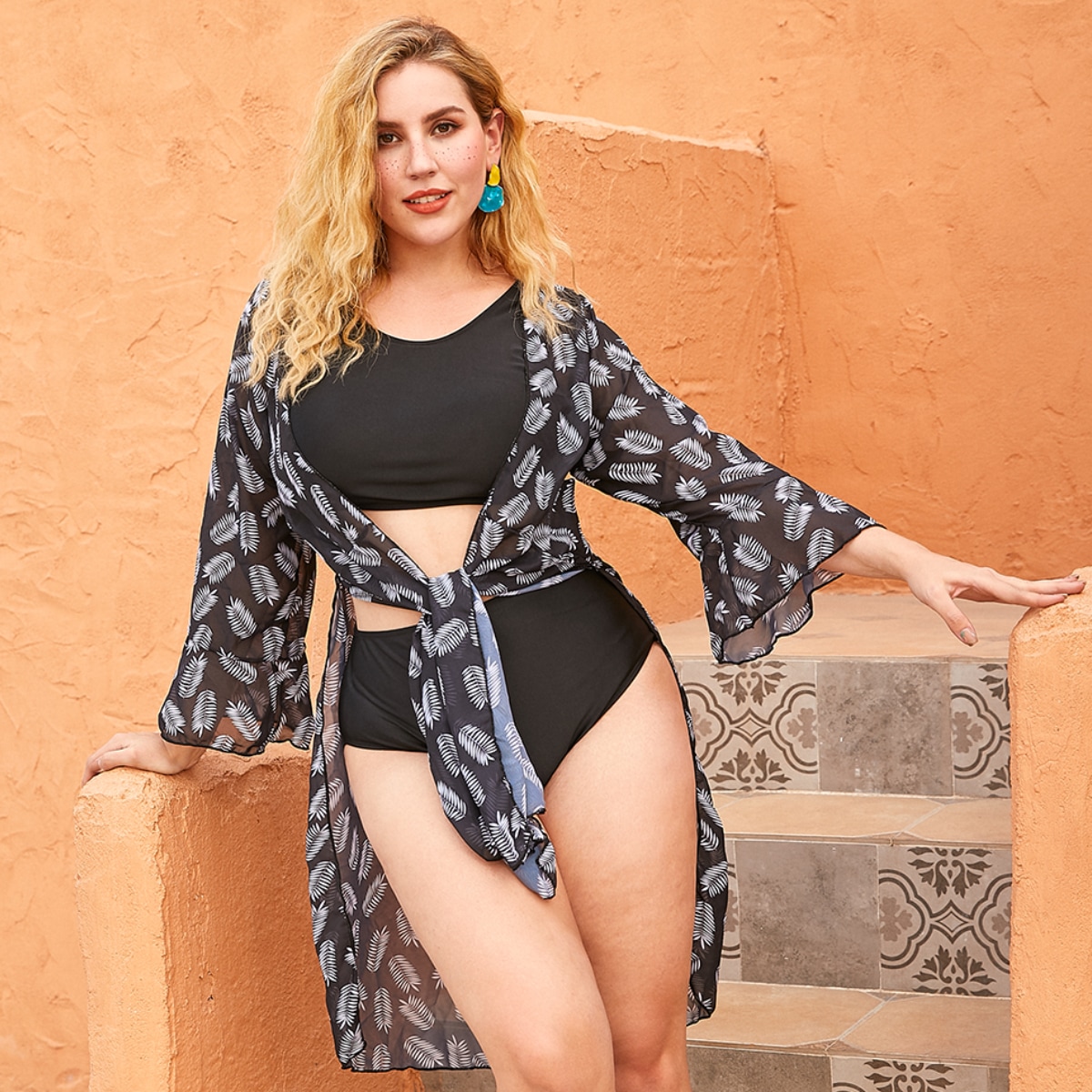 2022 new women's swimsuit three piece set high waist slim fit pure color swimsuit printed blouse sunscreen style