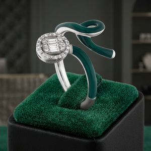 Luxury Women Cocktail <b>Ring</b> 925 <b>Silver</b> Rhodium Plated <b>Emerald</b> Green Enamel Baguette Diamond Engagement <b>Ring</b> - Product Image 4