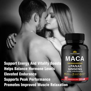 OEM Label pribadi pria wanita suplemen Herbal pil Plus merah hitam Maca kapsul akar dengan Ashwagandha Ginseng Aguaje - Product Image 5