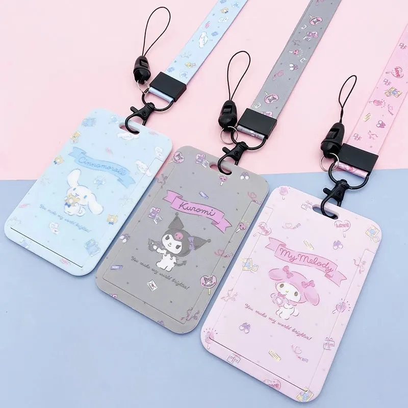 Kawaii Sanrio Cinnamoroll My Melody Anime Keychain Pendant Purin Dog Cat Cute Card Holder Plastic Lanyard Card Holders for Girl