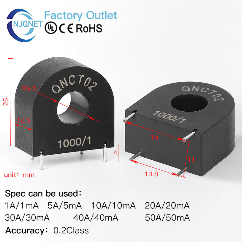 Pcb Mount Current Transformer CT QNCT02 10A/10mA 50A 25mA 10A/5mA 20A/20mA Small Current Transducer AC Precision Current Sensor