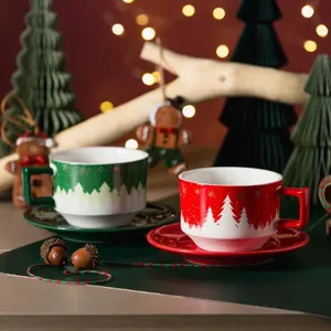 厂家批发陶瓷咖啡杯茶托精美圣诞贴花茶杯高品质圣诞主题咖啡杯