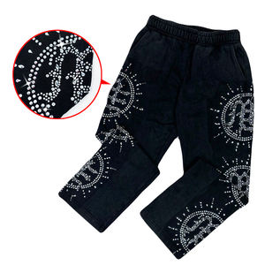 Pantalones informales de cintura elástica con tachuelas de diamantes de Color sólido para hombres y mujeres Diseño de moda y de moda con bolsillos Peso pesado - Product Image 3