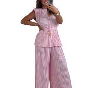 Femmes col rond couleur unie haut sans manches <span class=keywords><strong>pantalon</strong></span> droit plissé décontracté 2 pièces ensemble Sehe mode - Product Image 1