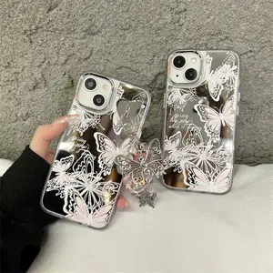 Ins Style Electroplated Butterfly Mirror Design Metal Pendant TPU Acrylic Mobile Phone Case For Iphone 11 12 13 14 15 Pro Max