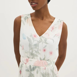 Women's Elegant Pink Green Floral Print V-Neck Sleeveless Pleated Chiffon Midi Dress Romantic Summer Wedding Vacation - Product Image 6