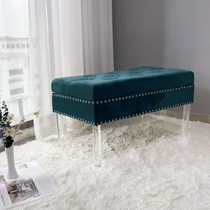 RTS Transparent Foot Wholesale Long Ottoman Stool Fashion Luxury Footstool Ottoman Bench Velvet Shoe Change Stool