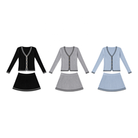Ensemble deux pièces plissé côtelé à col en V brodé avec jupe et cardigan pour femme – Vêtements féminins