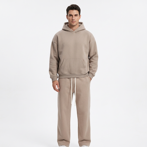 Ensemble de survêtement 2 pièces beige uni pour homme, sweat-shirt et pantalon de survêtement décontractés - Product Image 1