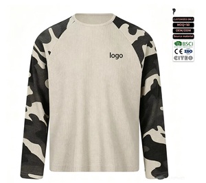 Men Waffle Knit Long Sleeve T-Shirt <b>Camo</b> Print Raglan Sleeve Crew Neck Casual <b>Top</b> Oversized Breathable Regular Fit - Product Image 1