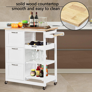 Chariot de cuisine avec support à 3 niveaux, chariots de service de cuisine, chariot de bar roulant, dessus en bois massif naturel avec tiroir de rangement à 3 niveaux - Product Image 4