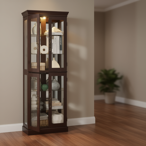 Vitrine en verre éclairée avec cadre en bois de cerisier, 4 étagères, 2 compartiments, meubles de salon - Product Image 2