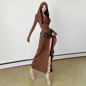 Nuovo Abito Autunnale da Donna, Monocolore, Aderente, Vita Alta, Alla Moda, con Cappuccio, Maniche Lunghe <span class=keywords><strong>e</strong></span> Spacco - Product Image 4