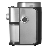 Moulin à café électrique compact, boîtier en acier inoxydable, meule en alliage métallique, bac à poudre amovible, capacité de 250 g, réglages ajustables