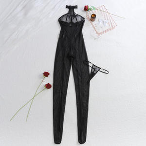 Bodysuit wanita baru seksi Halter leher Bodysuit musim gugur pelangsing garis vertikal hitam berongga keluar Lingerie Tubuh bentuk pas - Product Image 6