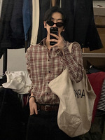 Kemeja Pria Lengan Panjang Kotak-kotak Merah Kancing Depan Kasual Regular Fit Vintage Motif Kotak-kotak Pakaian Harian Musim Gugur