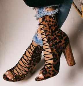 Mùa Thu 2020 Phong Cách Âu Mỹ Gợi Cảm Cross Lace Leopard Print Đế Dày Cộng Với Kích Thước Dép Cao Gót Cho Nữ