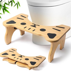 Tabouret de toilette en bois, pliable, design visage de chat en bambou, pour enfants et adultes, utilisation dans la salle de bain - Product Image 1