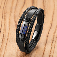 Bracelet en cuir multi-couches en pierre naturelle, fait main, avec cordon tressé et fermoir magnétique en acier inoxydable, style minimaliste