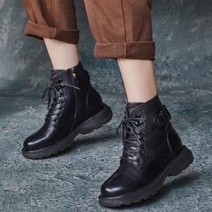 Nouvelles bottines d'hiver de style britannique, élégantes, en cuir de vachette, faites à la main, à bout rond, avec fermeture éclair latérale, talon plat, bottes Martin, semelle souple - Product Image 4