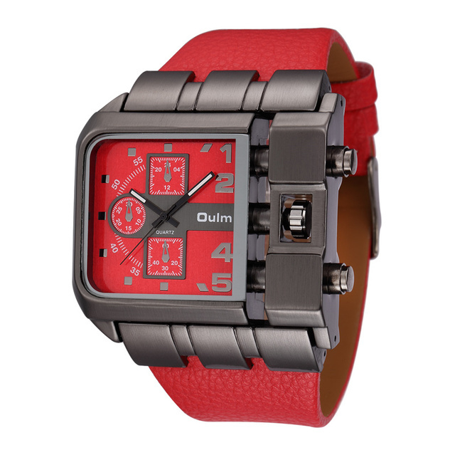 Unique Design Square Men Wristwatch Big Dial Oulm Leather Quartz Sports Watch
