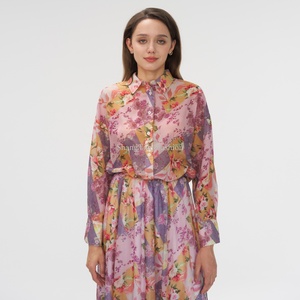 Ensemble deux pièces OEM pour femmes, col mandarin, manches longues, imprimé floral, robe longue en mousseline de soie pour femmes - Product Image 3